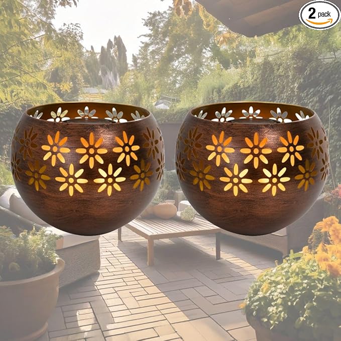 Original Solar Fire Bowl 8” (2-Pack) Decorative Metal Solar Patio Light with Flickering Flame, Waterproof Dusk-to-Dawn Garden Lantern in Bronze/Copper
