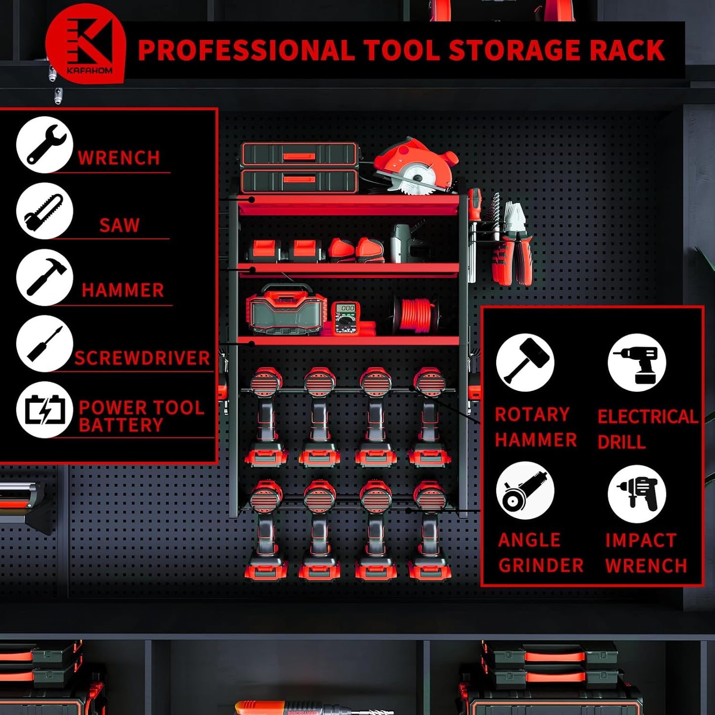 KAFAHOM Power Tool Organizer, Large 8 Drill Holder Wall Mount with 2 Side Pegboards,5 Layer Heavy Duty Metal Tool Storage Rack, Tool Shelf for Garage Organization, Utility Battery Shelves - Red