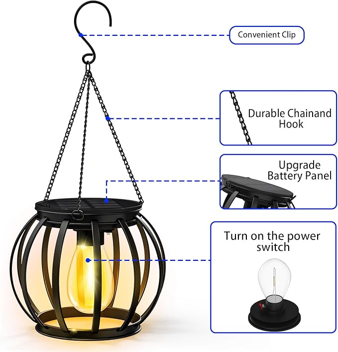 2 Pack Solar Lanterns Outdoor Lights, Upgraded Metal Solar Lantern Lights, Brighter Hanging Solar Lights Outdoor Waterproof, Auto On/Off Outdoor Solar Lights for Yard Garden Patio Pathway Decor