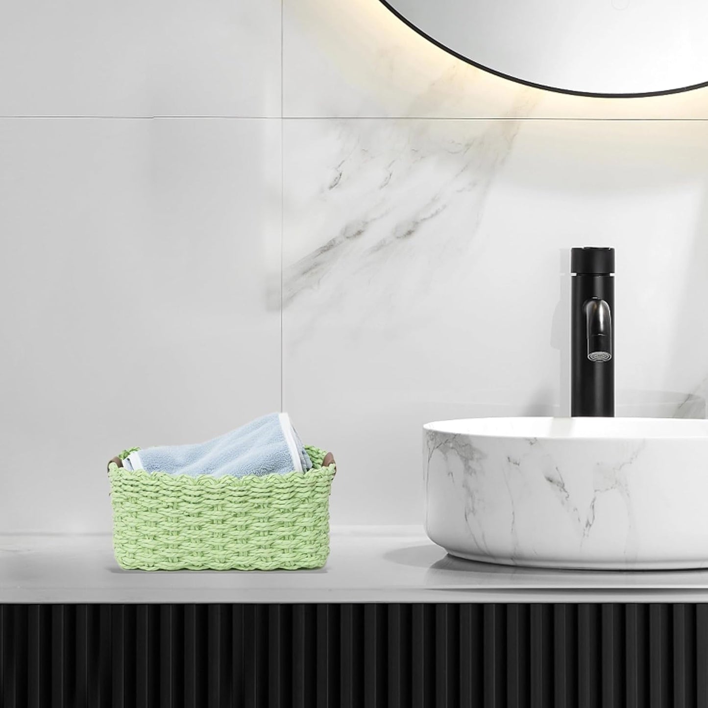 Small baskets for Organizing,Cute woven Storage basket with recycled paper rope for Shelves Bathroom,Little decorative basket,Set of 3 (Light Green)