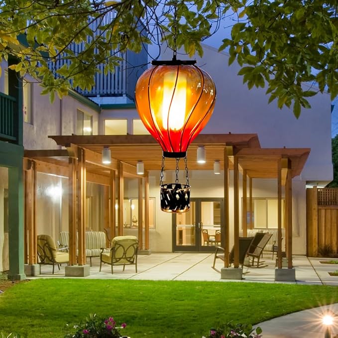 Starsoul Glass Hot Air Balloon Solar Lantern with Flickering Flame Light Colorful Solar Powered Hot Air Balloon Lamp Waterproof Hanging Solar Lantern for Garden Yard Patio Porch Decor