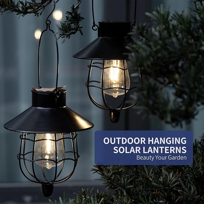Solar Hanging Lantern Outdoor Waterproof Solar Lanterns Hanging Lights for Outside with Bright Warm White Light for Garden Patio Yard Pathway 2 Pack(Black)