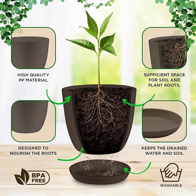 Planter Pots with Drainage Holes - Lightweight, Durable & Space-Saving Pots for Indoor and Outdoor - Versatile Functionality, Simple Modern Design, Set of 10 Plastic Planter Pots - Brown