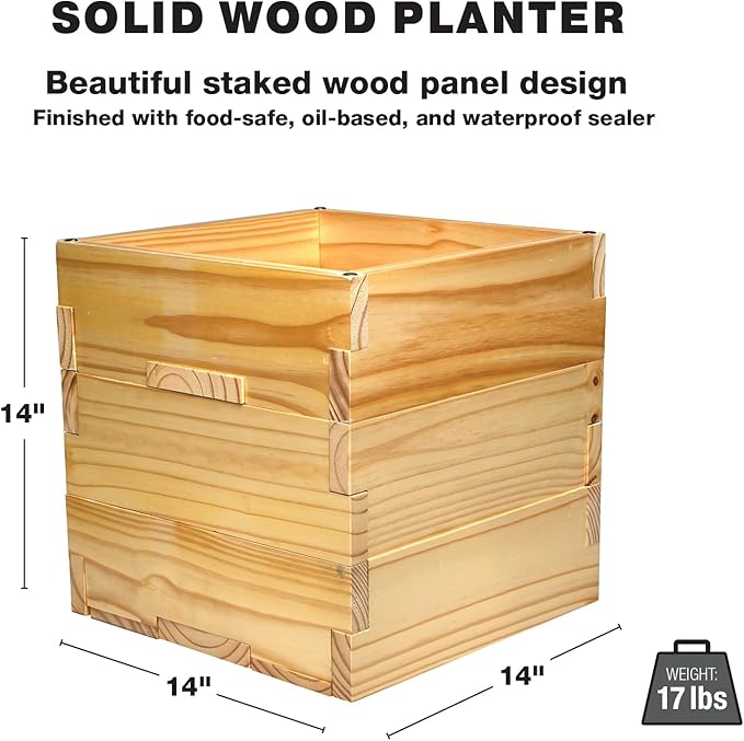 Excello Global Products Wooden Planter Box Set with 10' String Light Pole - 14"x14", Ready to Assemble.
