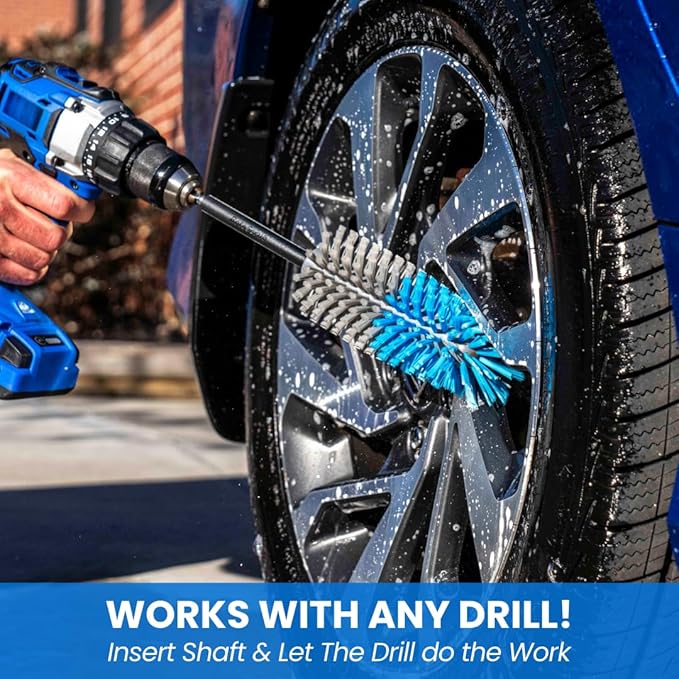 Long Reach Drill Brush Attachment, All Purpose for Car Tires, Wheels, Wheel Wells, Engine Bays, Exhaust Pipes, Running Boards, Hard to Reach Areas, with Heavy Duty Non-Scratch Nylon Bristles