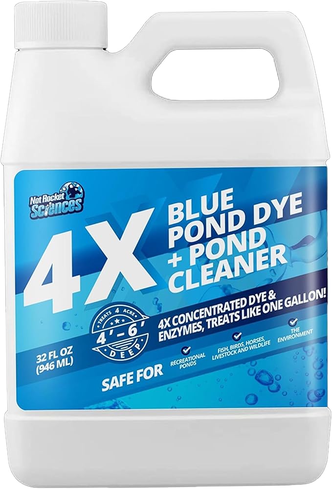 32oz 4X Blue Pond Dye + Pond Cleaner, Blue Dye for Ponds and Lakes, 2-in-1 Lake Colorant + Enzymes, Makes Murky Water Clean & Beautiful, Keeps The Water Cool, Clear, and Ideal for Fish & Wildlife