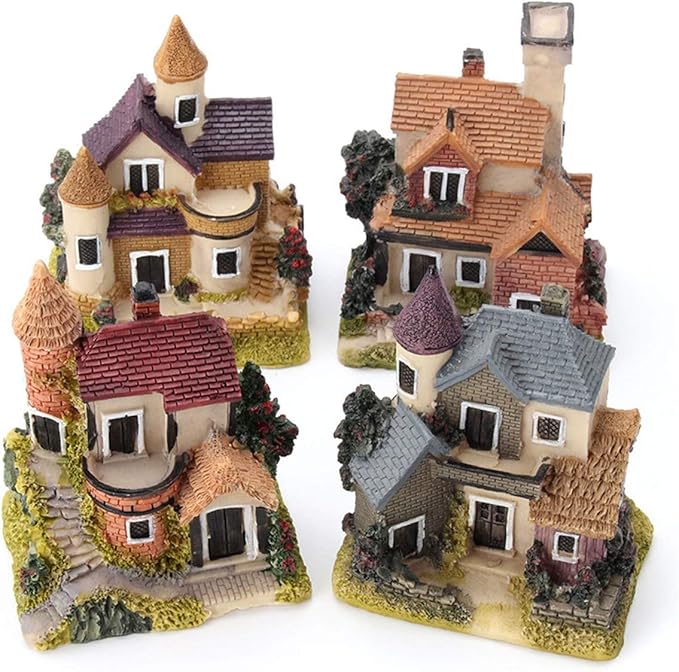 HAPYLY 4PCS Miniature House Fairy Gardening Micro Landscape Village Stone House Bonsai Terrarium Crafts Ornaments Accessories Home Decoration Resin