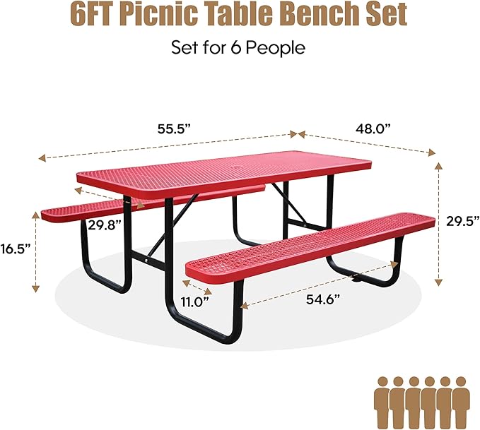 6FT Metal Picnic Tables for Outdoors, Commercial Rectangular Picnic Table and Bench Set for Outside, Patio, Garden, Backyard, Porch, Surface Mount, Red