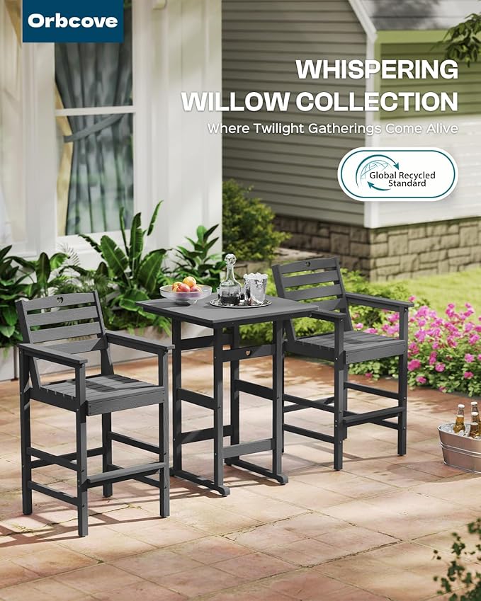 3-Piece HDPE Outdoor Bar, Outdoor Bar Stools and Outdoor Bar Table with Heart Cutout Design, All Weather Bistro Set Outdoor for Patio, Porch, Pool (Grey)