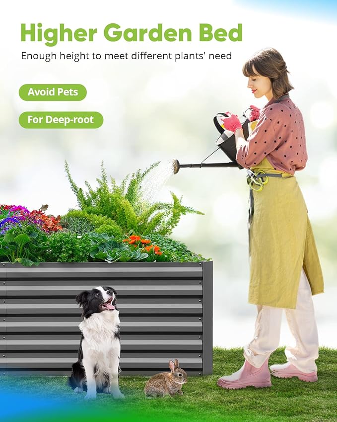 Quictent Galvanized Raised Garden Bed 8x4x2 Ft Tall Metal Planter Box for Vegetables Bottomless for Backyard, 2 Tomato Cages Included, 22.04" Deep, Dark Grey