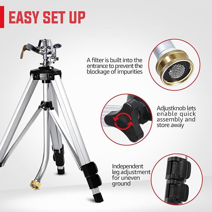 YAMATIC Impact Sprinkler on Adjustable Tripod Base, 360 Degree Large Area, Heavy Duty Adjustable Pulsator Sprinkler for Lawn, Yard and Grass Irrigation, Spray up to 20-90ft(36inch)