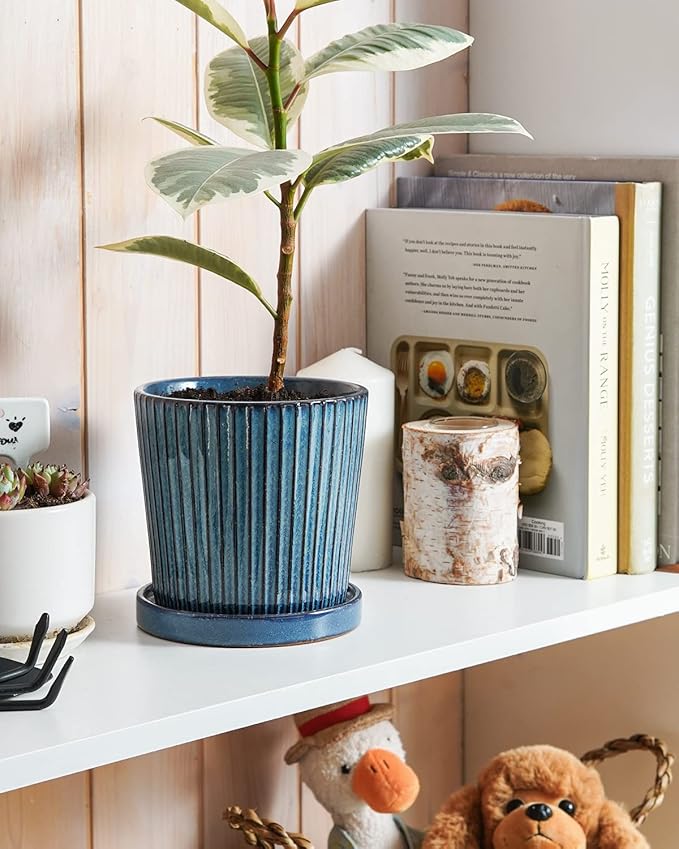 LE TAUCI Ceramic Pots for Plants, 5.5 Inch Plant Pots with Drainage Hole and Saucer, Indoor Plant Pots for Succulent, Snake Plants and Cactus, Flower Pots, Set of 2, Reactive Glaze Blue