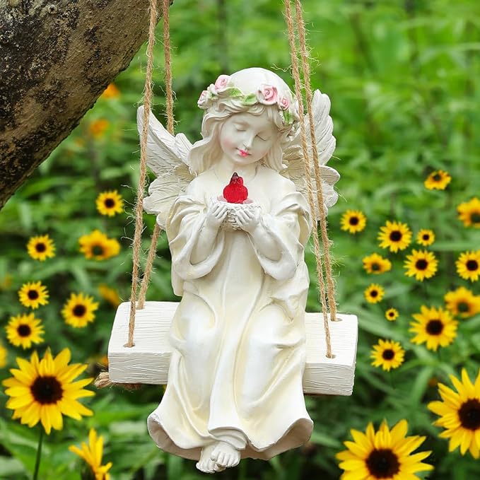 Angel Garden Statue,Fairy Solar Garden Decor with Warm Light,Waterproof Angel Statue with Swing & Holding Bird,Outdoor Garden Decor for Lawn Yard Patio Windowsill Garden Gifts, Apricot