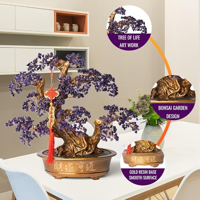 Natural Amethyst Gemstone Crystal Bonsai Tree of Life （1,350 Gemstone Count） Large Feng Shui Money Chakra Tree for Luck and Wealth Desk Decoration 20 Inches