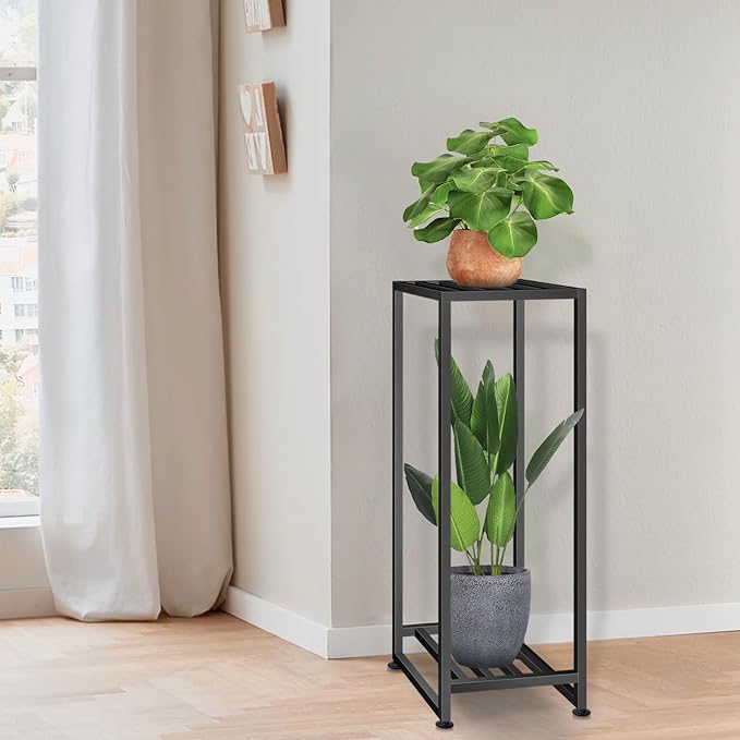Plant Stand Indoor Outdoor, Wrought Iron Plant Stands 2 Tier Heavy Duty Metal Pedestal Stand Decorative Flower Stand for Patio Garden Deck Living Room