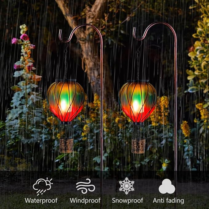 Pack of 2 Gradient Color Solar Hot Air Balloon Outdoor Lantern with Flickering Flame Hanging Outdoor Lantern Waterproof Decorative Solar Lanterns Light for Patio, Garden, Porch