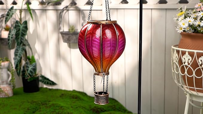 TERESA'S COLLECTIONS Hot Air Balloon Solar Lantern for Garden Decor ,Flickering Flame Hanging Solar Light for Outdoor ,Red Plastic Lamp for Yard Tree Gift for Mom
