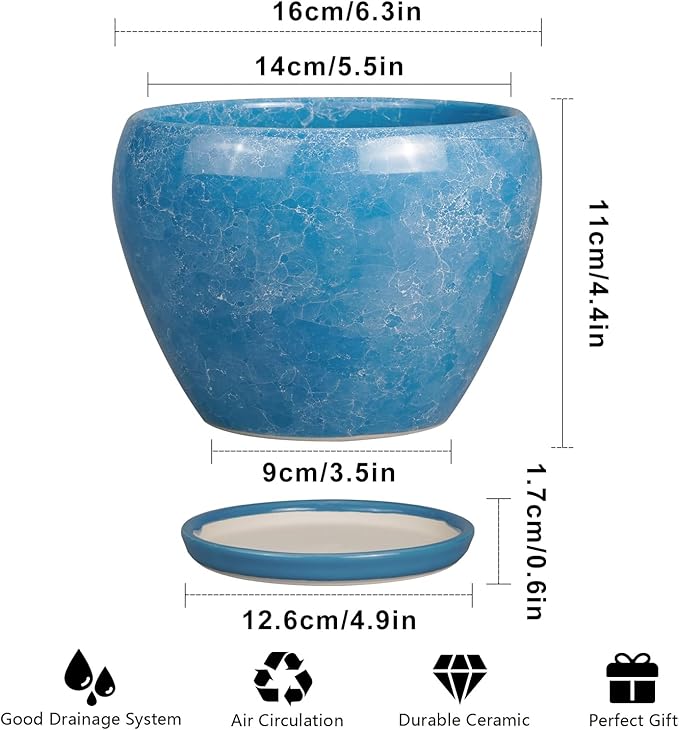 6 Inch Plant Pot - Ceramic Planter Pot with Drainage Hole and Saucer, Glaze Succulent Pot Modern Round Flower Pot for Indoor Plants, Blue
