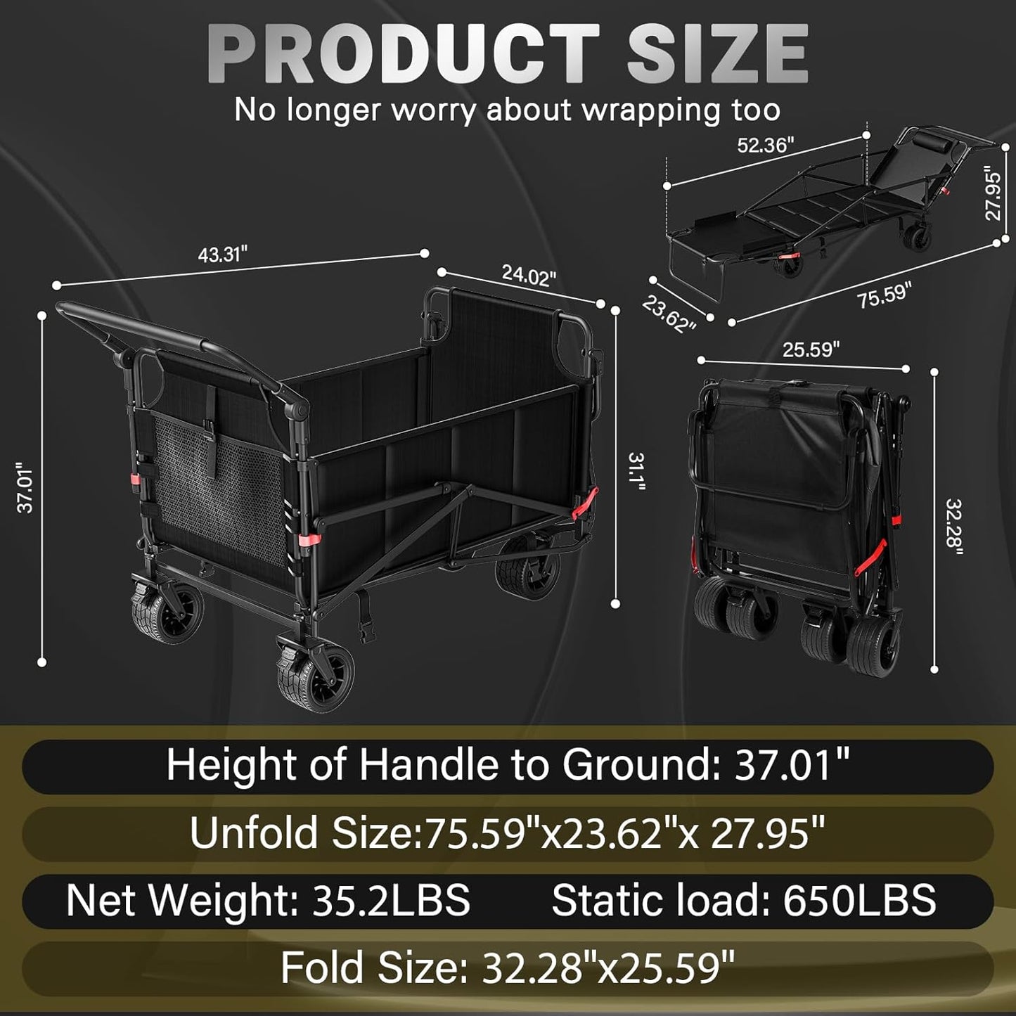 LEVELEVE Heavy Duty Folding Wagon - 2-in-1 Collapsible Cart, 650lb Capacity, All-Terrain Wheels w/Brakes & Side Pockets (Black)