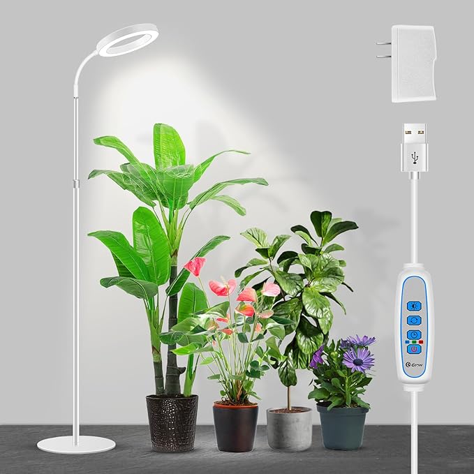 Garpsen Grow Light, Full Spectrum LED Plant Lights with Stand, 3 Color Modes Floor Grow Lamp with Timer 6/12/16H, 5 Dimmable Levels, 67'' Adjustable Height for Indoor Large Plants(White)