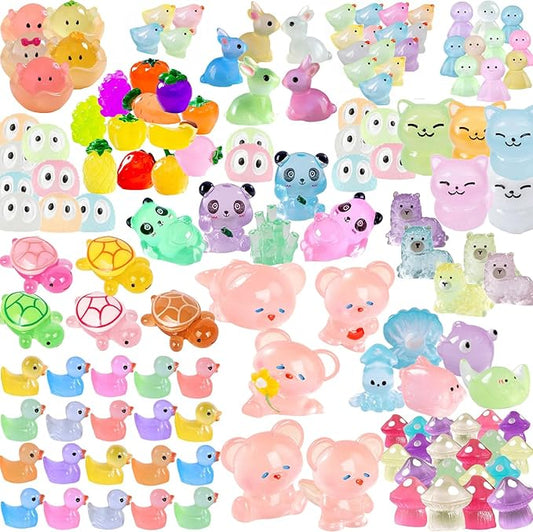 Luminous Mini Resin Animals - 130 Pcs Tiny Animals Mini Ducks Tortoise Rabbit Panda Mushroom Fruits Seashells Set Figurines Glow in The Dark Garden Miniatures Fairy Garden Accessories