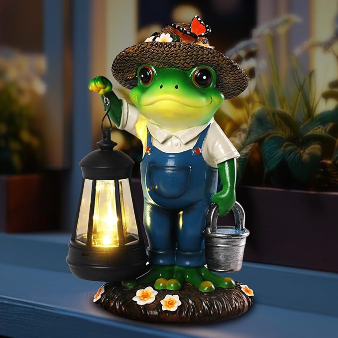 Solar Garden Decor - Frog Statues with Lantern 9" Resin Solar Frogs for Outdoors Patio Yard Porch Lawn Balcony Decor Ideas Animal Lover Gardening Gifts for Women Mom Wife
