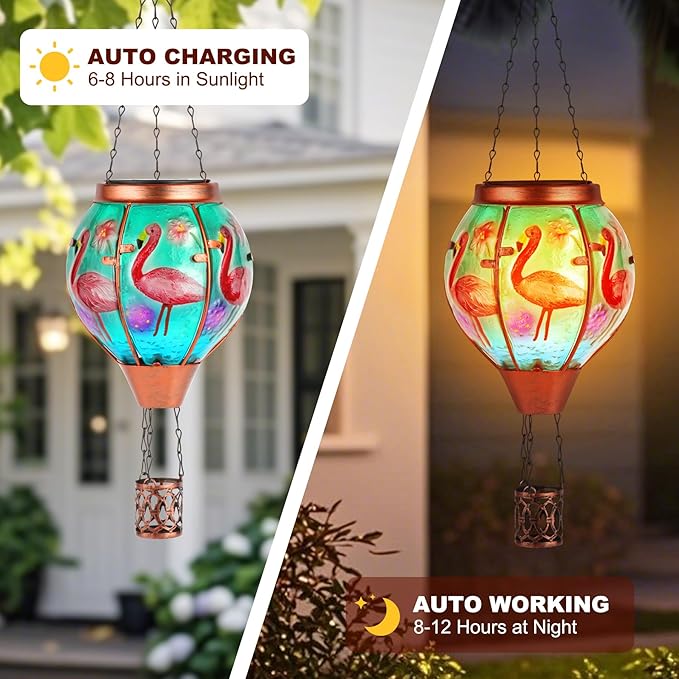 Flamingo Solar Hot Air Balloon Lantern,Outdoor Decor with Flame Lights Waterproof, Hanging for Garden Yard Lawn Patio, Unique Gifts for Women Mom Grandma Gardener for Mother'Day Christmas