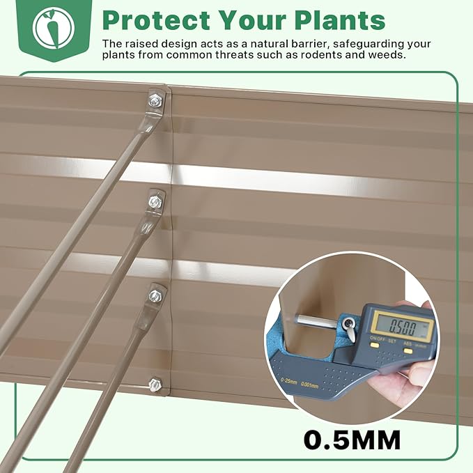 ONCEMORE Galvanized Raised Garden Bed for Vegetables Flowers Herbs, Metal Raised Garden Bed Kit with 2 PCS Tomato Cage, Gloves, Trellis Netting, Plant Labels, Plant Ties, Brown 8×4×1FT