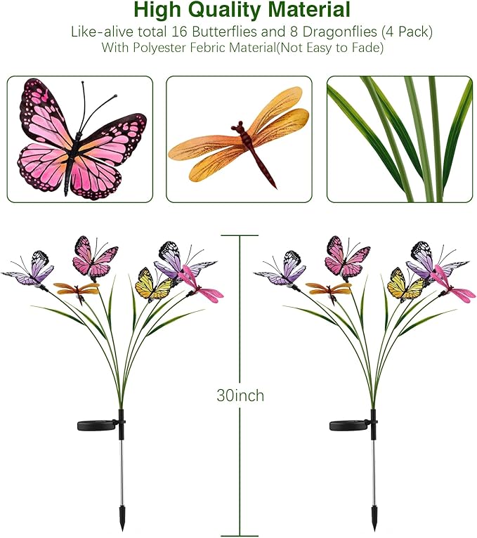 Aiscool Solar Garden Lights, 4 Pack Swaying in The Wind Butterfly Light Outside, Solar Outdoor Lights,Yard Patio Pathway Lawn Decoration,Realistic Butterflies & Dragonflies
