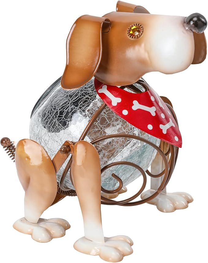 MUMTOP Solar Lanterns Outdoor Waterproof LED Crackle Glass Globe Solar Lights Decorative Dog Tabletop Lantern Metal Yard Art for Patio Garden Table Decor