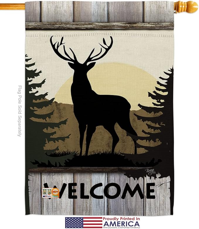 Welcome Deer House Flag Set Animals Wildlife Outdoor Bear Wolf Pet Nature Farm Animal Creature Decorative Yard Banner Made In USA 28 X 40