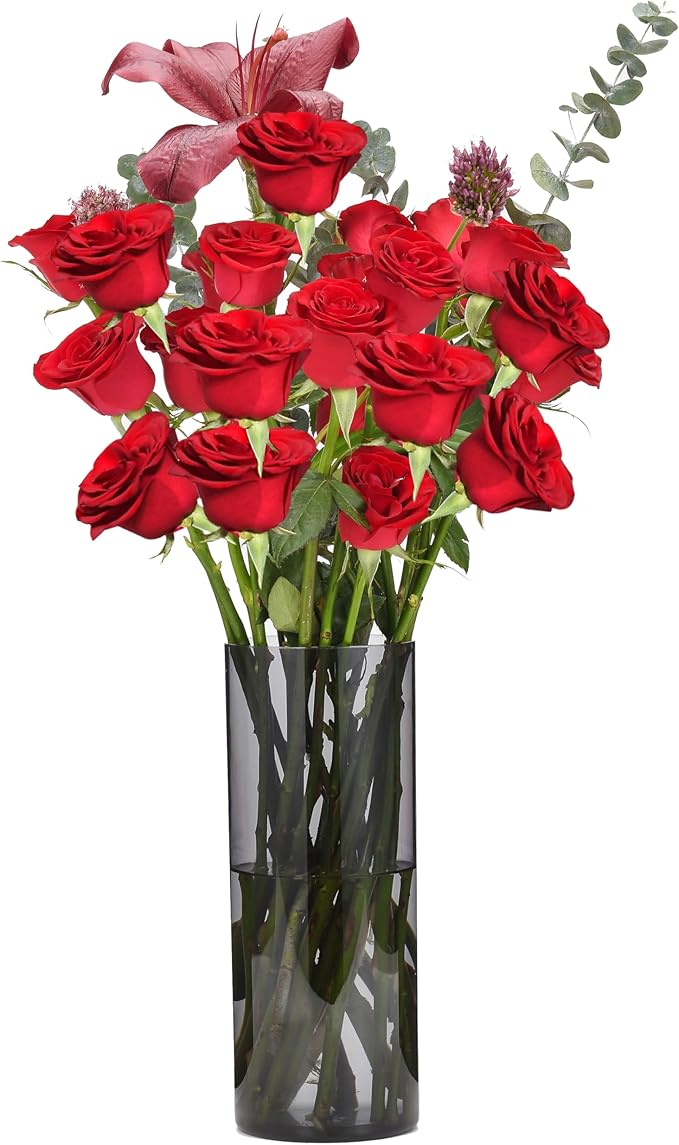 Flower Vase, Non-breakable Vases, 4" W x 12" H, Acrylic Grey Vase, Aesthetic Room Decor Cylindrical Modern Flower Vases for Table Centerpiece, Home Decor, Women Floral Arrangement Gift