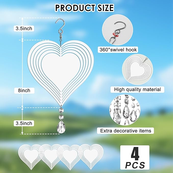 Sublimation Wind Spinner Blanks 8 Inch 4 Pack Wind Spinners Sublimation Blanks with Crystal Pendant Aluminum Metal Wind Spinners for Yard Garden Indoor Outdoor Window Porch Decoration（Heart