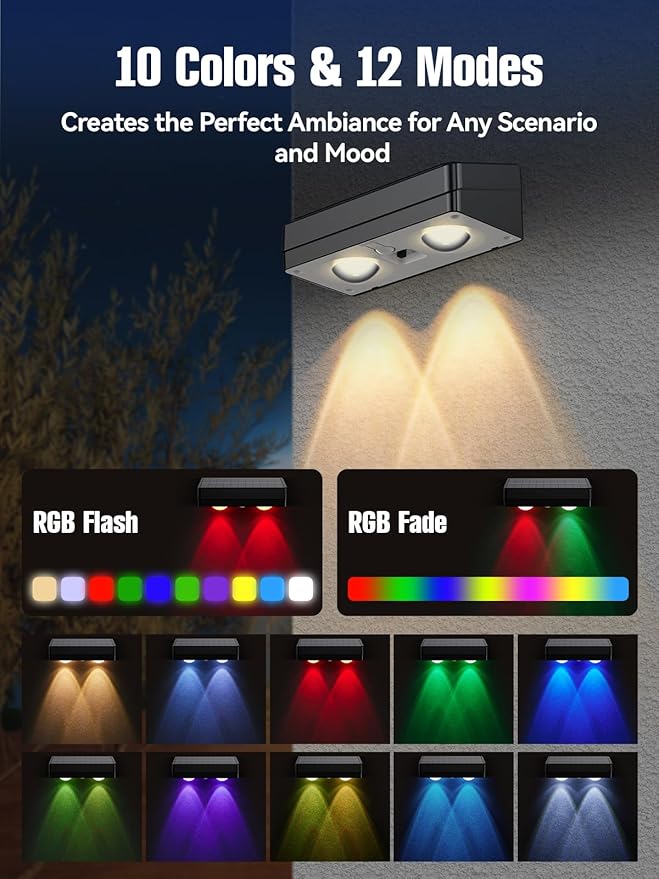Fence Lights Solar Powered 2 Pack, RGB Fence Solar Lights Outdoor Waterproof Led, 12 Modes Color Changing Outside Lightings Decor for Wall Railing Patio Deck Backyard Garden Pool