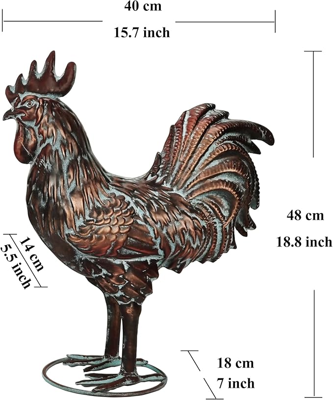 Garden Rooster Statues,15.7" L x 18.8" H Outdoor Metal Chicken Figurines,Antique Copper Chicken Sculptures & Statues Ornaments,3D Large Yard Rooster Decor for Home Kitchen Patio Farm