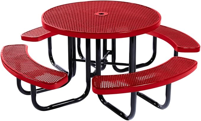Heavy-Duty Portable Outdoor Picnic Table with Umbrella Hole, Punched Steel Commercial-Grade Patio Dining Furniture Made in America (46" Round Top, Textured Red)