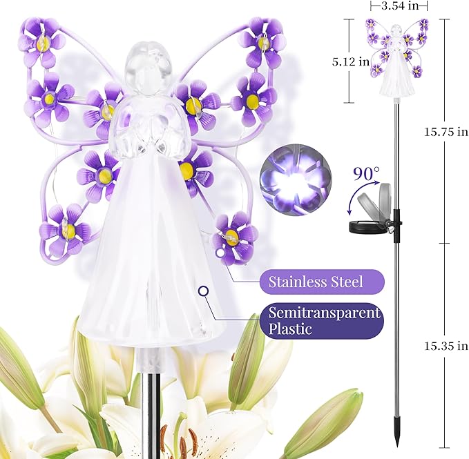 GIGALUMI Solar Angel Garden Stake Lights - 2 Pack Angel Solar Lights Outdoor Garden, Eternal Light Angel with 7 LEDs for Cemetery Grave Decorations, Memorial Gift, Christmas Yard Art, Sympathy Gifts