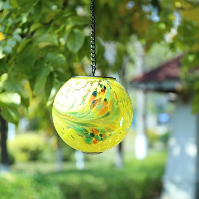 VCUTEKA Solar Hanging Lanterns Outdoor Decoration, Glass Solar Lights with Hook Up, Solar Garden Gazing Ball Light for Yard, Tree and Patio Decor, Yellow