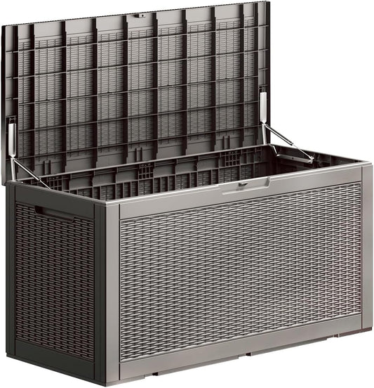 100 Gallon Waterproof Deck Box, Lockable Resin Storage Box for Patio Furniture Cushions Garden Tools and Outdoor Delivery Storage, Coffee