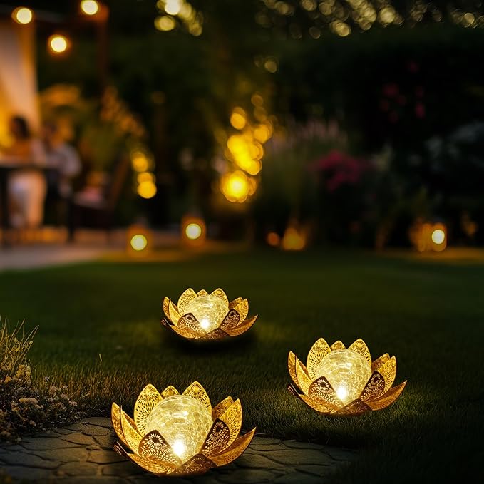 Solar Lights Outdoor Waterproof Lotus Flower Metal Yard Art Decoration Crackle Globe Glass Solar Lamp Garden Decor for Outside, Flowerbed Lawn Patio Porch Pathway Pond Decorations