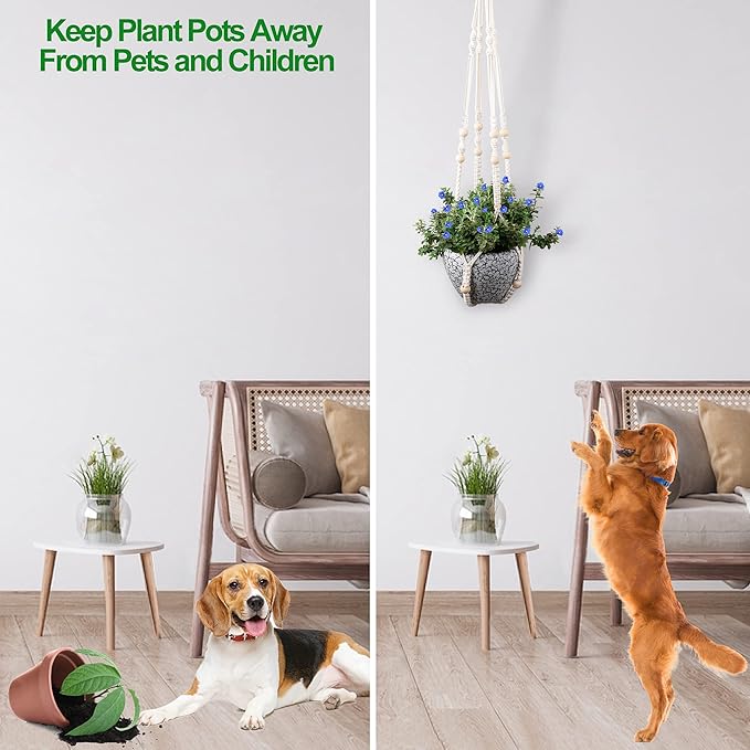 Macrame Plant Hanger for 5 to 10 Inch Plant Pots, Set of 2 Indoor Handmade 35 Inch Woven Rope Hanger Kits with Hooks and Wood Beads, Hanging Planter Basket Holder for Boho Home Decor (White, 2 Pack)