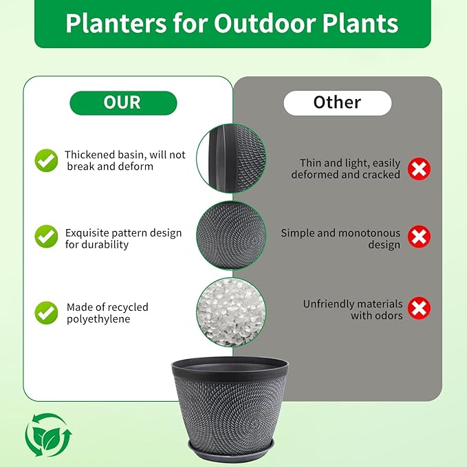 Quarut Large 12 Inch Plant Pot for Plants Outdoor Indoor, 4 Pack Plastic Flower Pots with Drainage Hole & Saucer, Modern Decorative Garden Pot with Saucer, Plant Container for House（Gray）