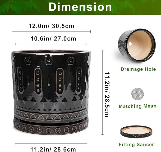 Ceramic Pots for Plants - 12 Inch Large Planter with Drainage Hole and Saucer, Ceramic Flower Pots for Indoor Outdoor, Boho Round Planter, Patio Decor, Gifts for Plant Lover, Black