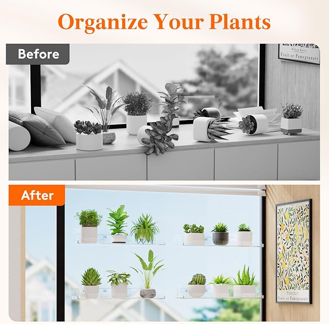 Lifewit Window Plant Floating Shelves 15 inch, 4 Pack Acrylic Suction Cup Shelf, Window Sill Extender for Indoor Succulent Plants, Micro Greens, Seed Starter Pots, Herb Planters
