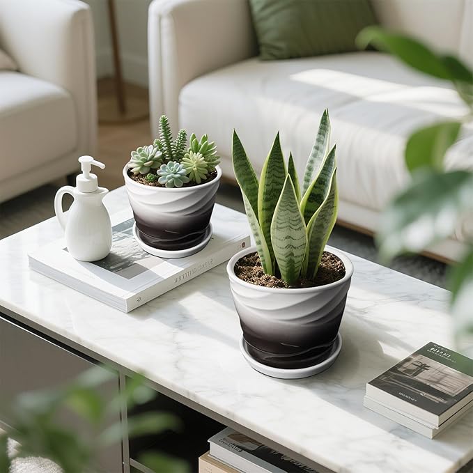 Ceramic Plant Pots,6.7 + 5.5 Inch,Set of 2,Planters with Drainage Hole and Saucer,Flower pots for Indoor Plants,Modern Design(Dark Gray+White)