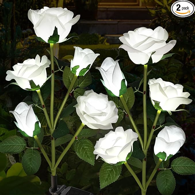Solar Garden Lights, Solar Outdoor Lights with More Realistic 10 Rose Waterproof Solar Powered Flowers Lights for Outside Patio Yard Pathway Decorations, 2 Pack White
