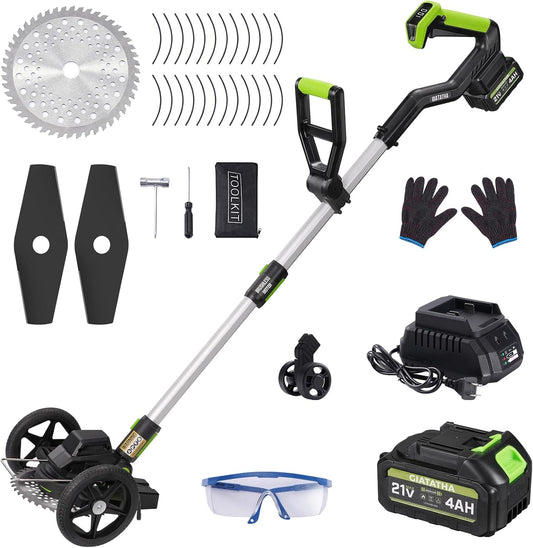 Electric Weed Wacker Cordless with Wheel, Brushless Grass Trimmer with 21V 4.0Ah Battery and Fast Charger, 3 Types of Blades String Trimmer, Weed Eater Battery Powered, Grass Cutter Machine