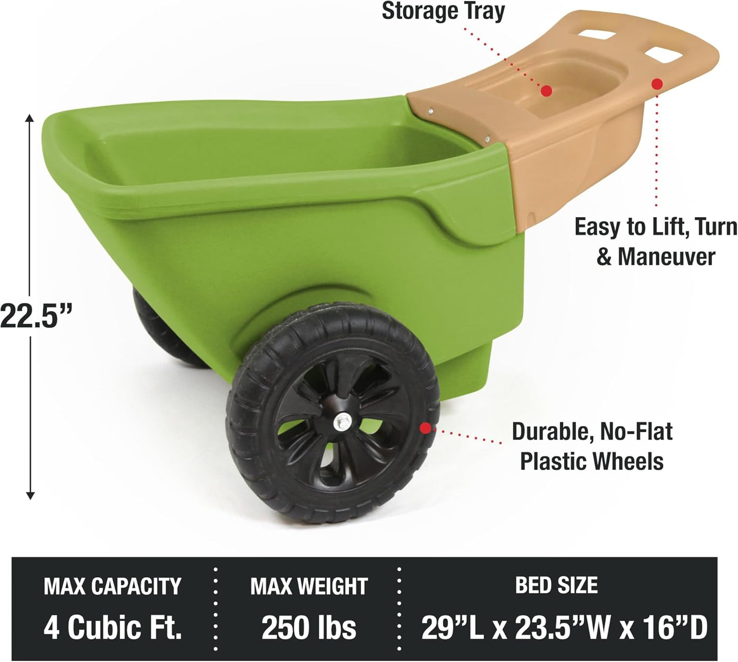 Simplay3 Easy Haul Wheelbarrow with Garden Tool Storage Tray, Durable Heavy-Duty Plastic Wheelbarrow with Large Easy Turn Wheels - Green, Made in USA…