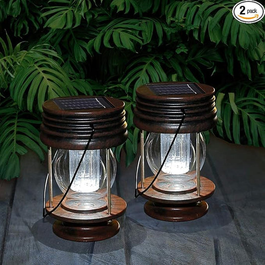 Solar Lantern - Hanging Solar Lights Outdoor - 2 Pack Solar Powered Waterproof Led Lanterns Vintage Design for Landscape Yard Garden Pathway Beach Pavilion Decoration (White Lights)