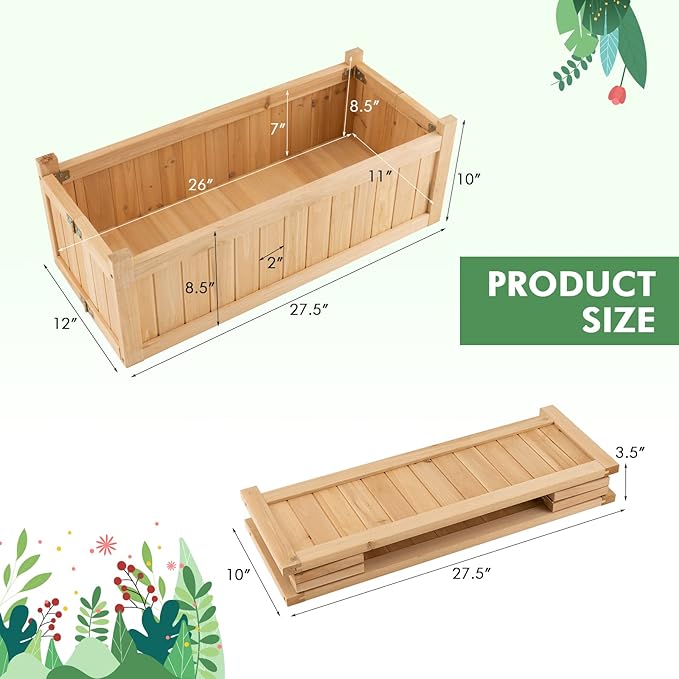COSTWAY Wooden Planter Garden Bed, Folding Planter Box with Drainage Holes for Vegetables, Herbs, Fruits & Flowers, Outdoor Indoor Raised Planting Bed for Patio, Backyard, Lawn, 27.5"L x 12"W x 10"H
